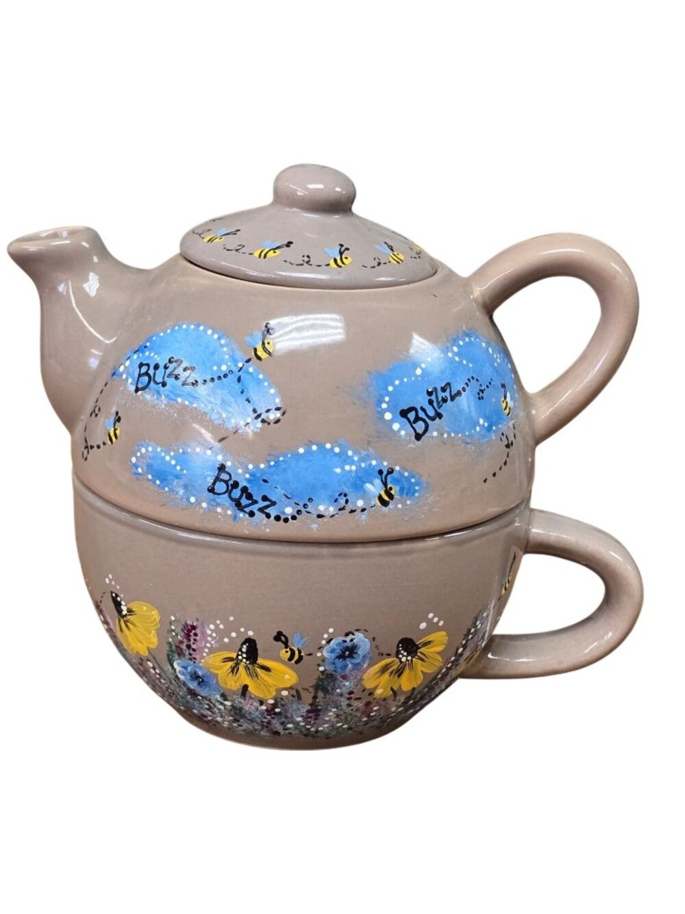 Pier 1 Stoneware Tea for One Stackable Set with Teapot Lid and Cup 3 Piece Bees